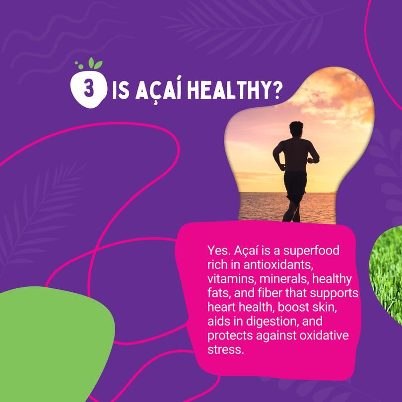 Purple graphic with text "Is Açaí Healthy?" and a silhouette of a man running on a beach.