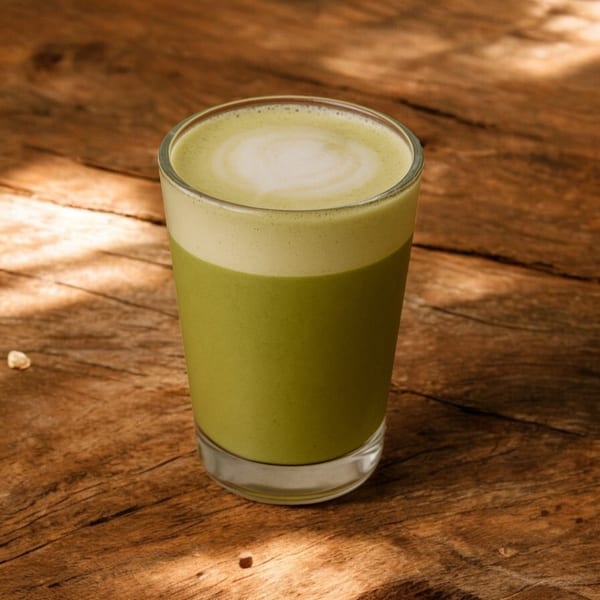 A vibrant green matcha latte with a white foam heart design, on a rustic wooden table.