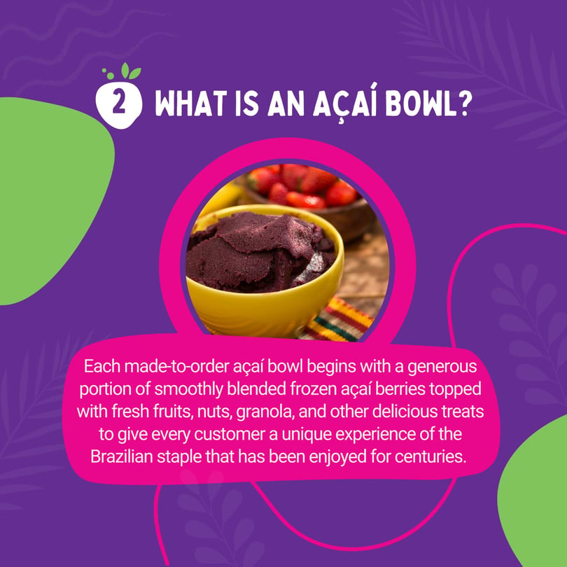 A vibrant purple graphic with a yellow bowl of acai and a bowl of strawberries.